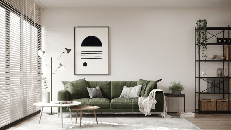 Nội thất gỗ và sofa tối màu tạo không gian gần gũi với thiên nhiên