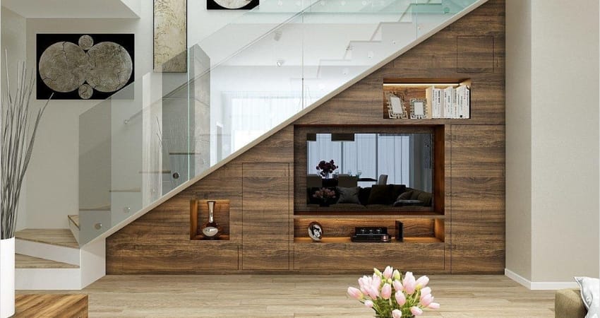 Thiết kế cầu thang tích hợp kệ tivi